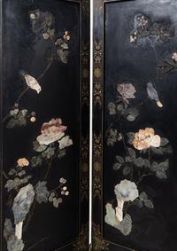 A Hardstone Inlaid Black Lacquered Six-Panel Floor Screen
