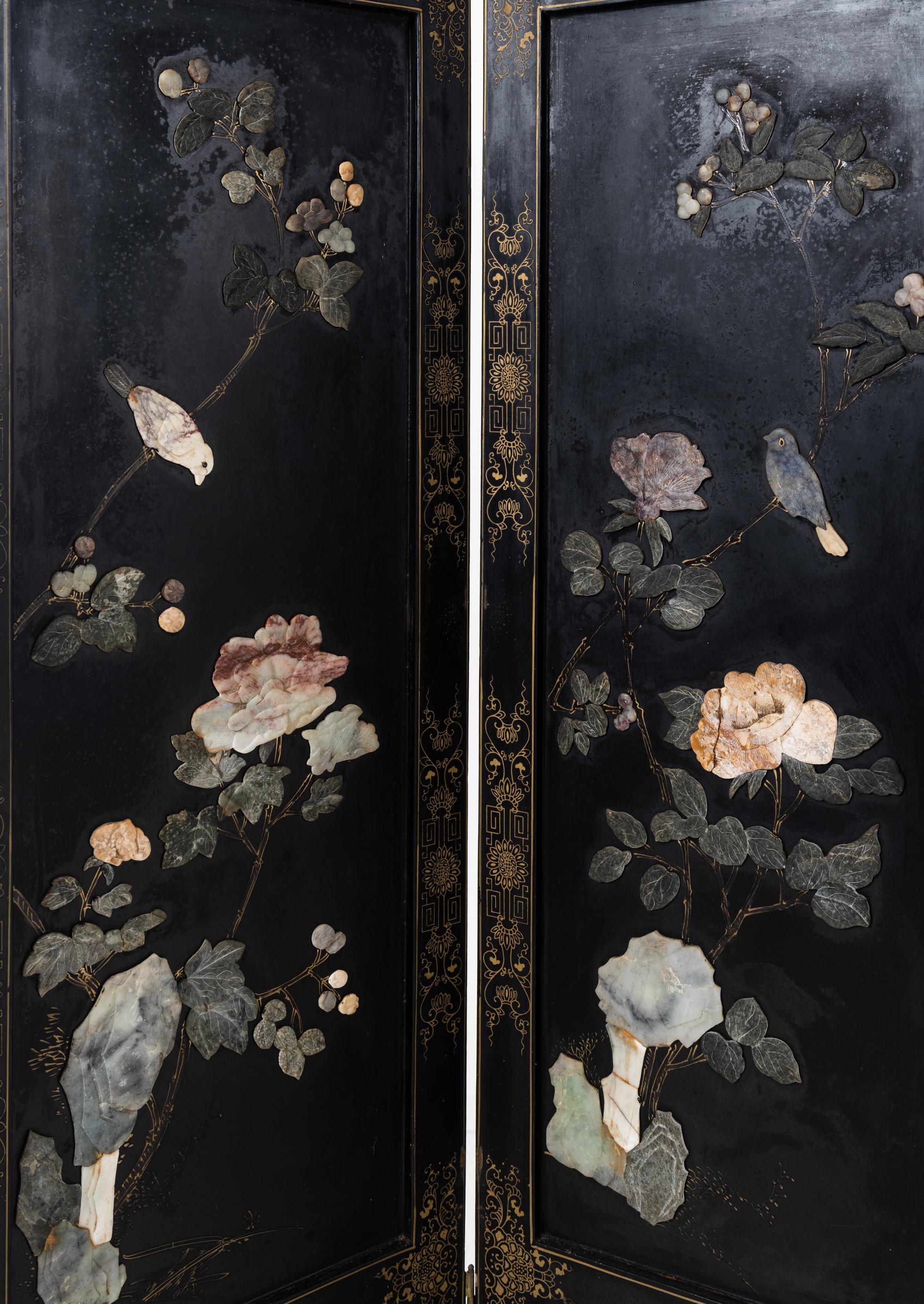 A Hardstone Inlaid Black Lacquered Six-Panel Floor Screen