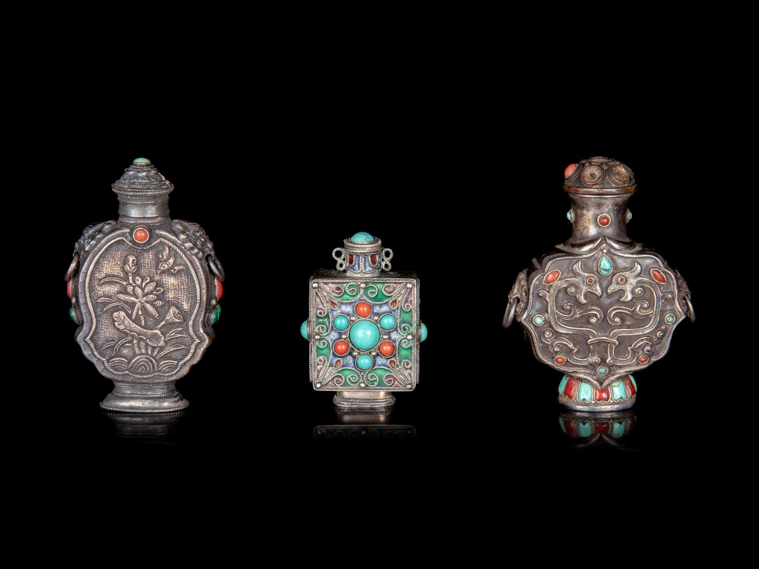 Three Mongolian Style Silver Snuff Bottles