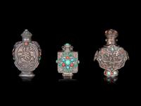 Three Mongolian Style Silver Snuff Bottles