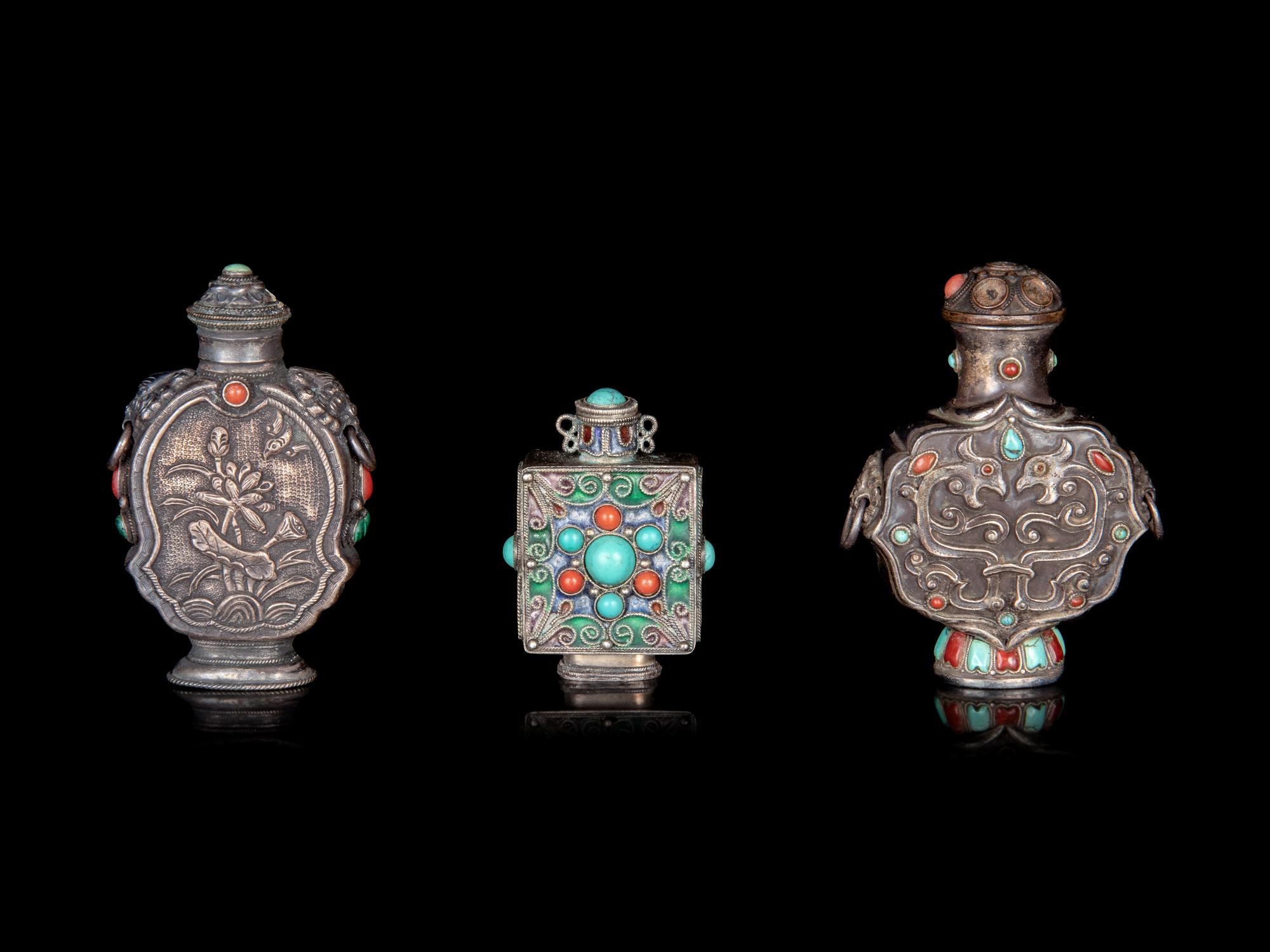 Three Mongolian Style Silver Snuff Bottles