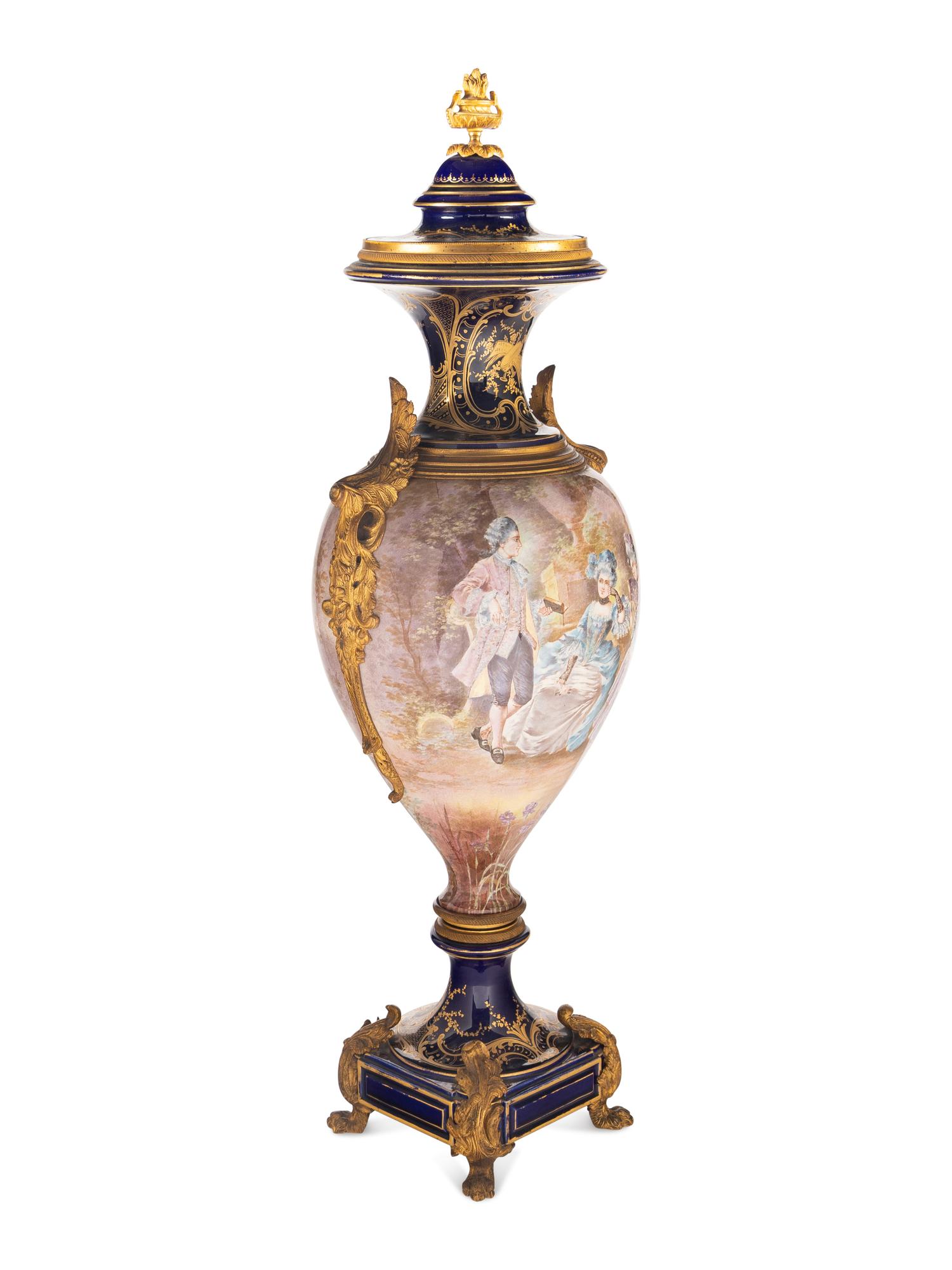 A Sèvres Style Gilt Metal Mounted Porcelain Urn