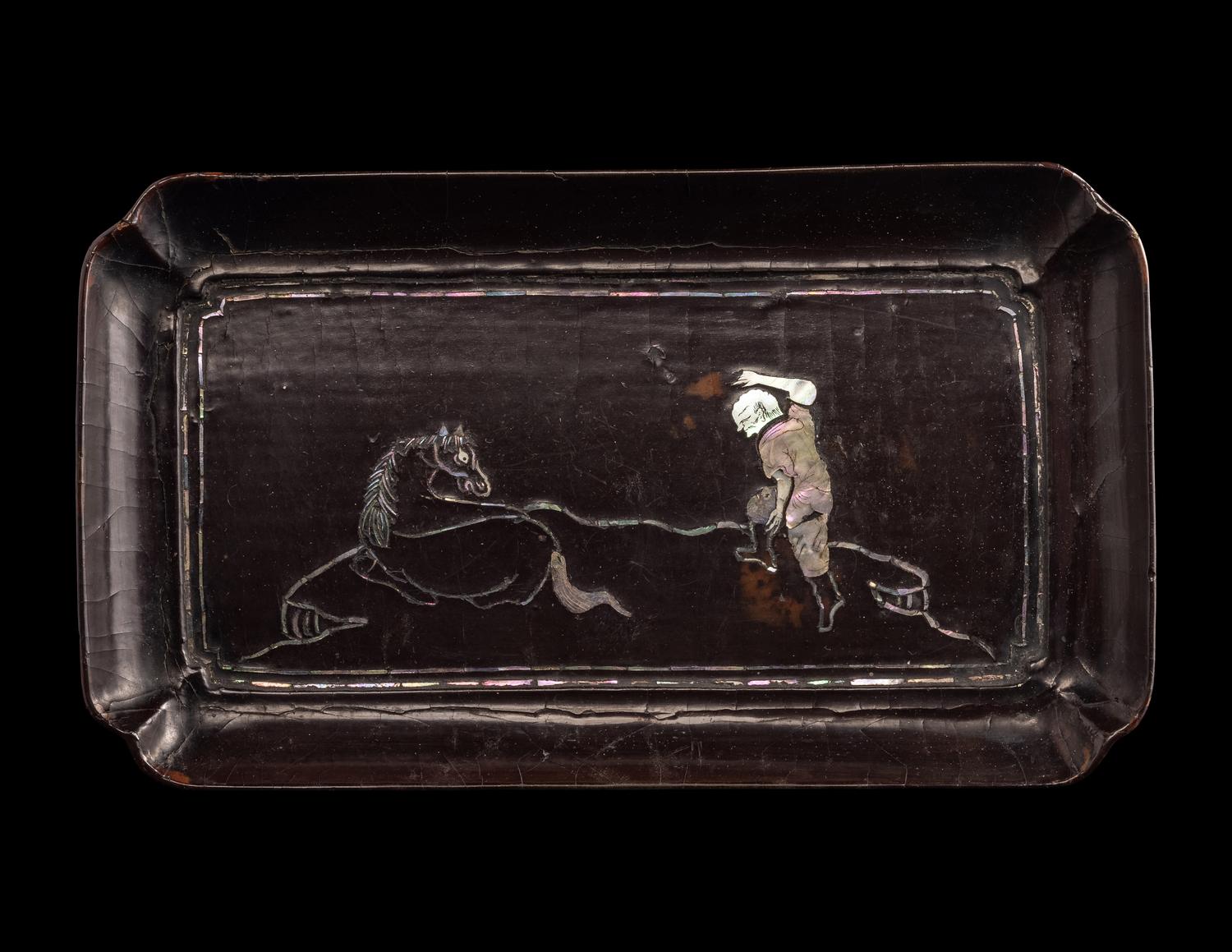 A Japanese Mother-of-Pearl Inlaid Black Lacquer Rectangular Tray