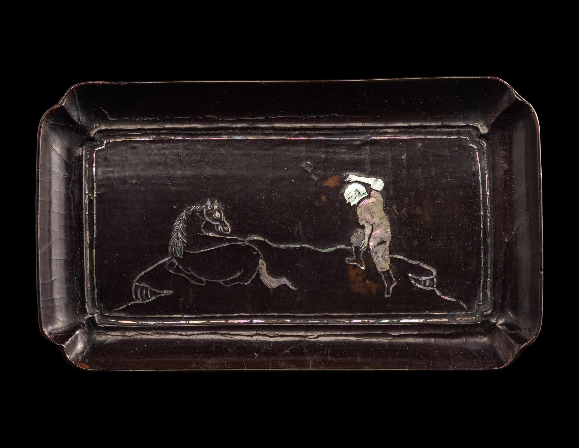 A Japanese Mother-of-Pearl Inlaid Black Lacquer Rectangular Tray