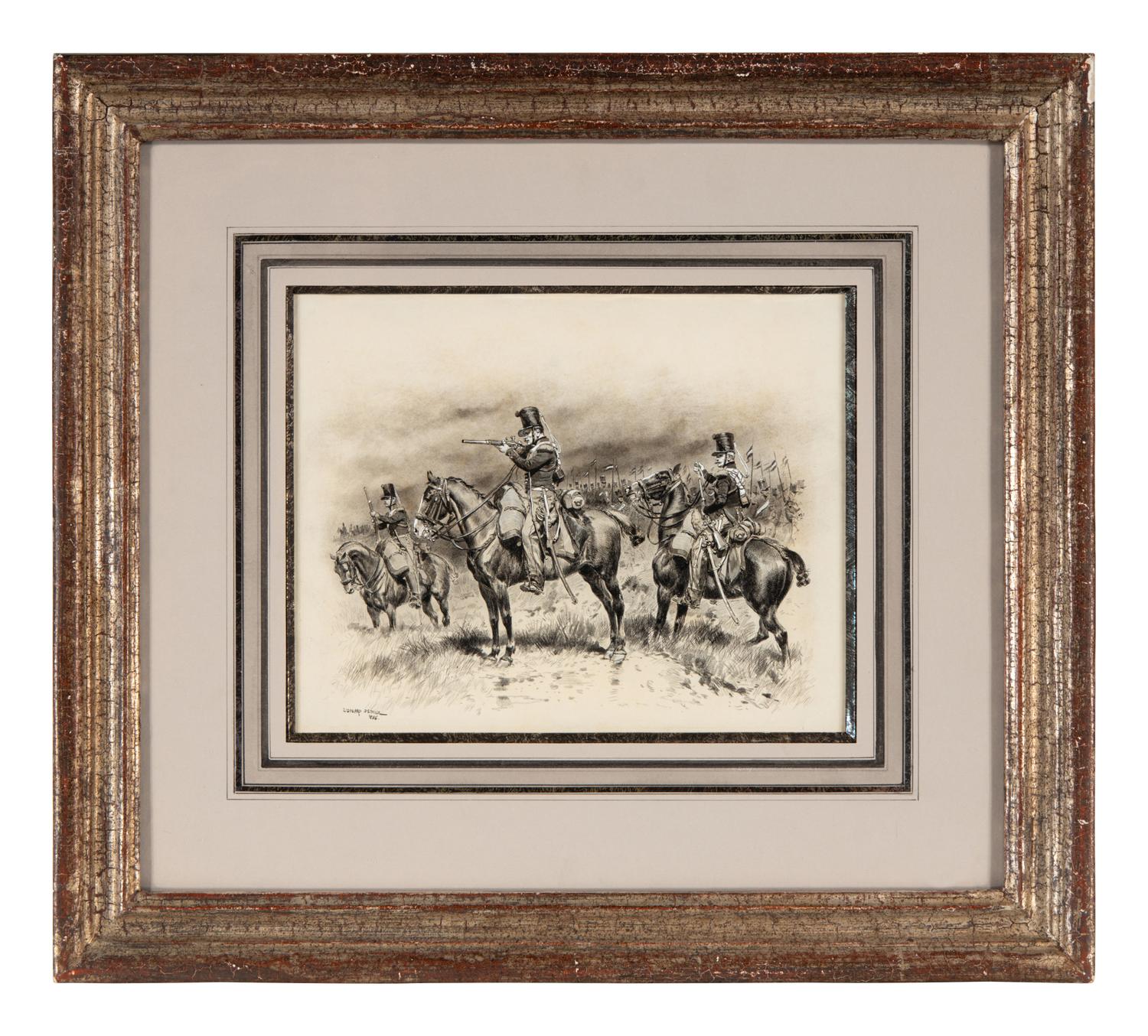 Edouard Jean Baptiste Detaille (French, 1848-1912) — Three Chasseurs with a Column of Lancers Passing Behind , 1886