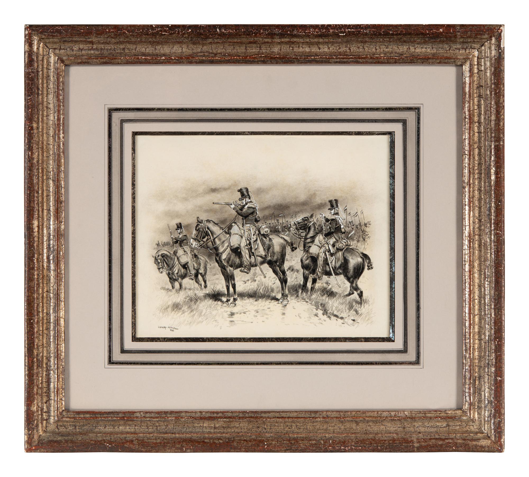 Edouard Jean Baptiste Detaille (French, 1848-1912) — Three Chasseurs with a Column of Lancers Passing Behind , 1886