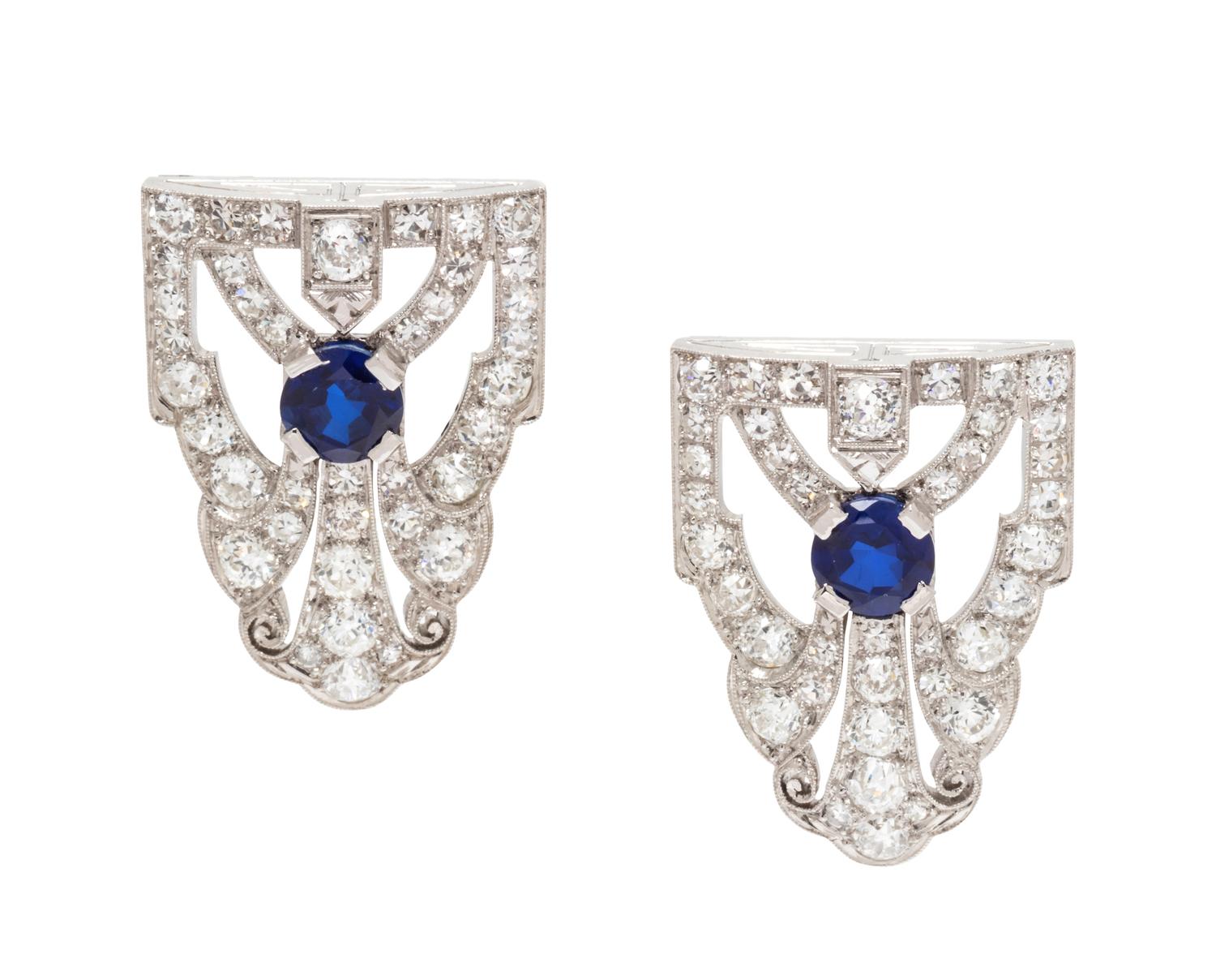 A Pair of Platinum, 18 Karat White Gold, Sapphire and Diamond Clip Brooches,