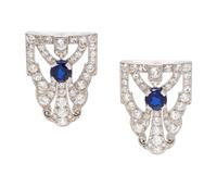 A Pair of Platinum, 18 Karat White Gold, Sapphire and Diamond Clip Brooches,