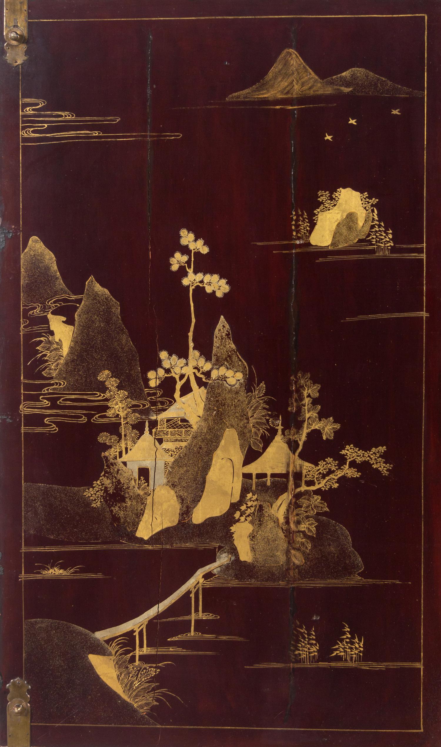 A Chinese Export Gilt Decorated Lacquer Cabinet on Stand