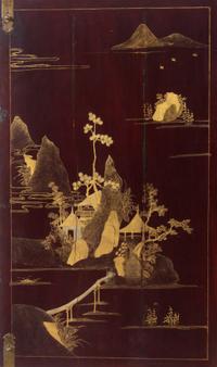 A Chinese Export Gilt Decorated Lacquer Cabinet on Stand
