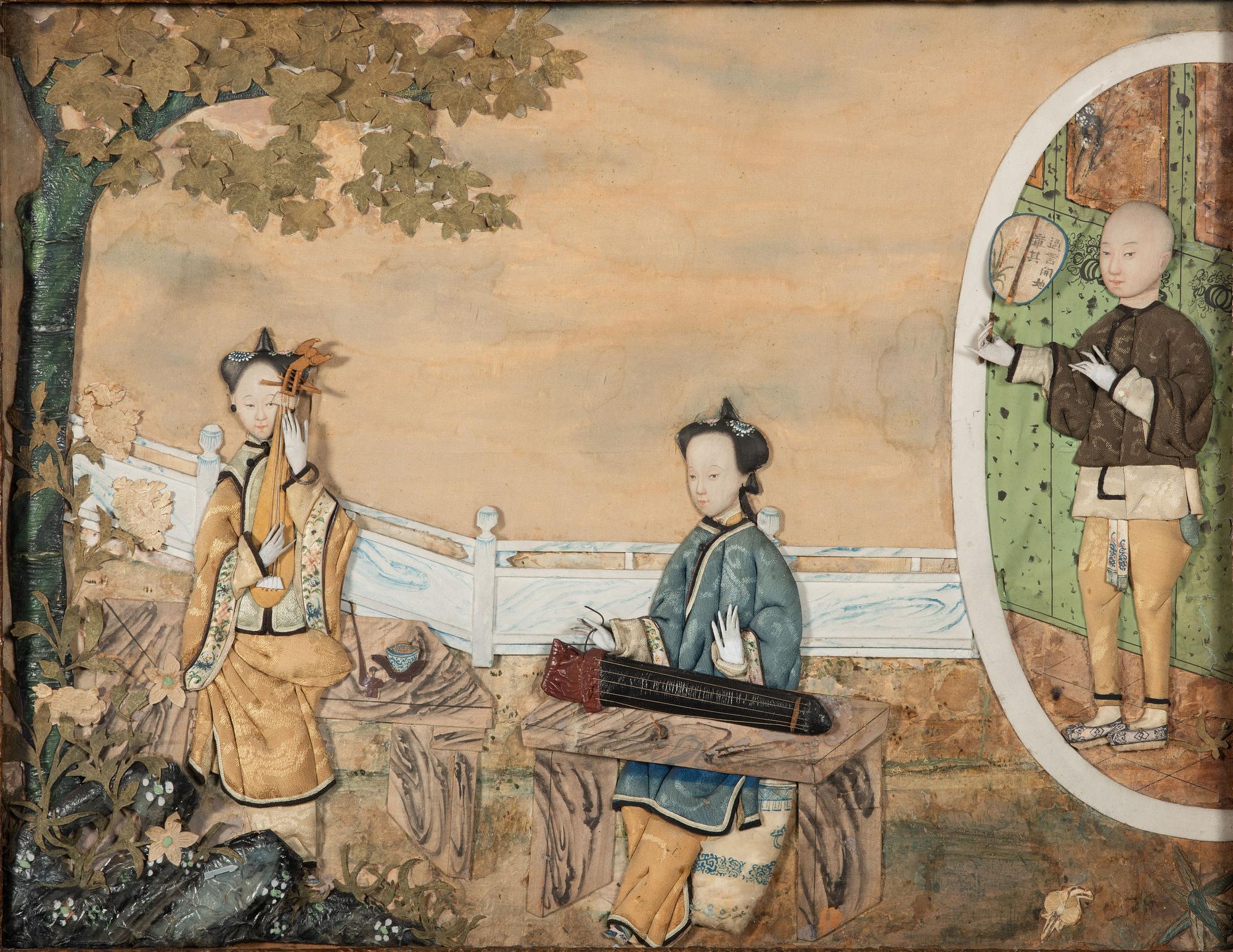 A Chinese Export Trapunto and Painted Silk Embroidery Panel