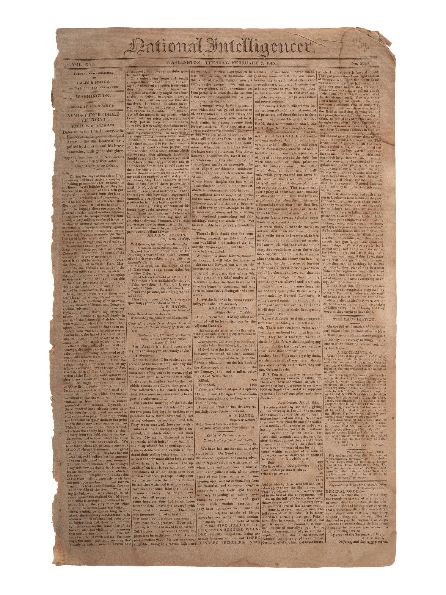[WAR OF 1812]. National Intelligencer. Vol. XVI, No. 2243. Washington, 7 February 1815.