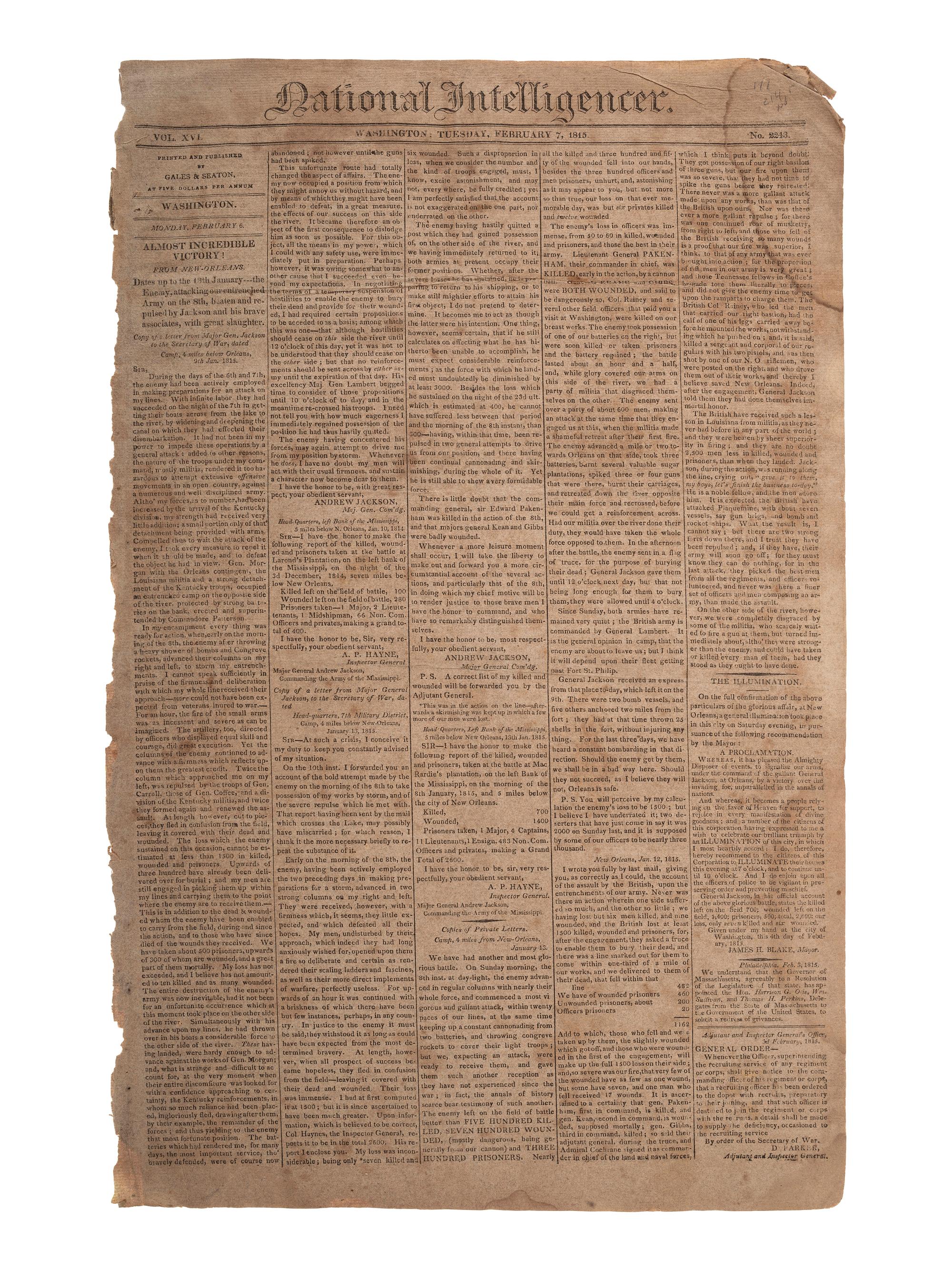[WAR OF 1812]. National Intelligencer. Vol. XVI, No. 2243. Washington, 7 February 1815.