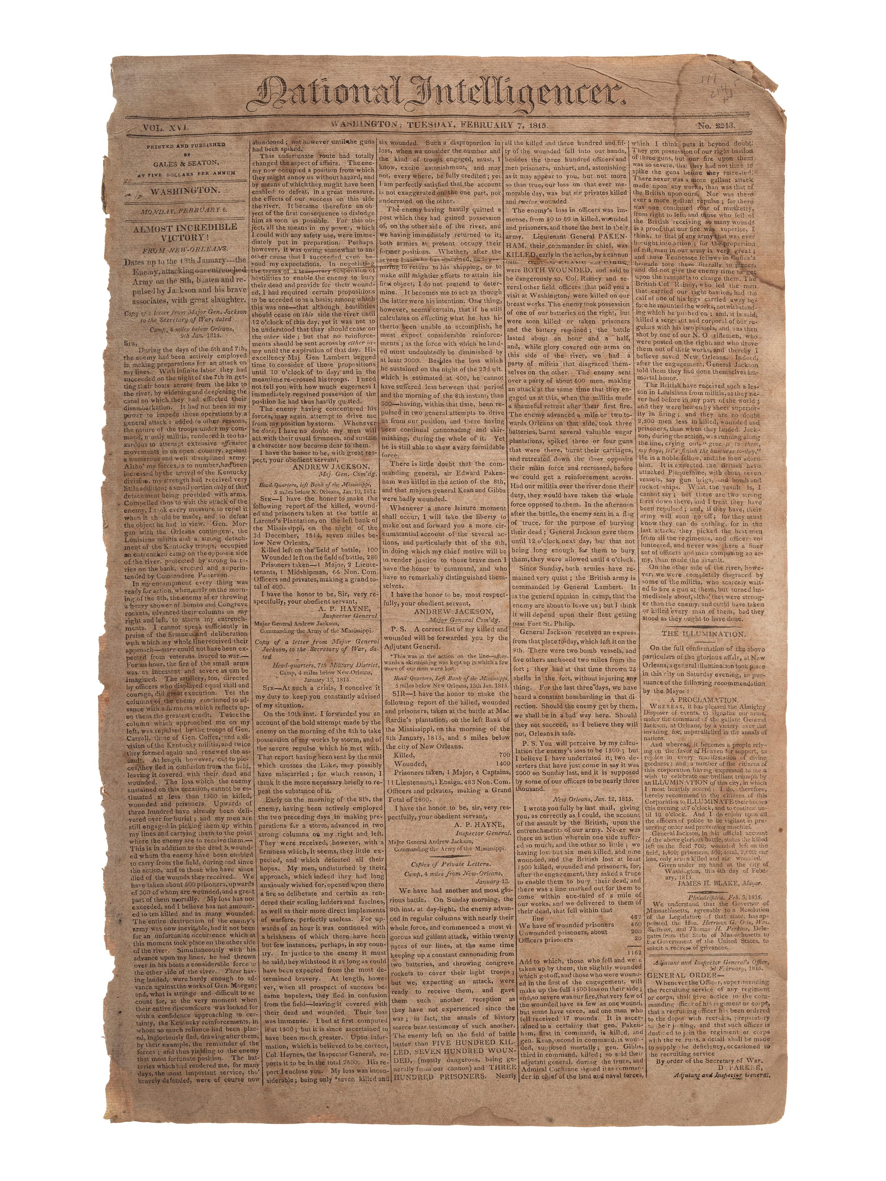 [WAR OF 1812]. National Intelligencer. Vol. XVI, No. 2243. Washington, 7 February 1815.