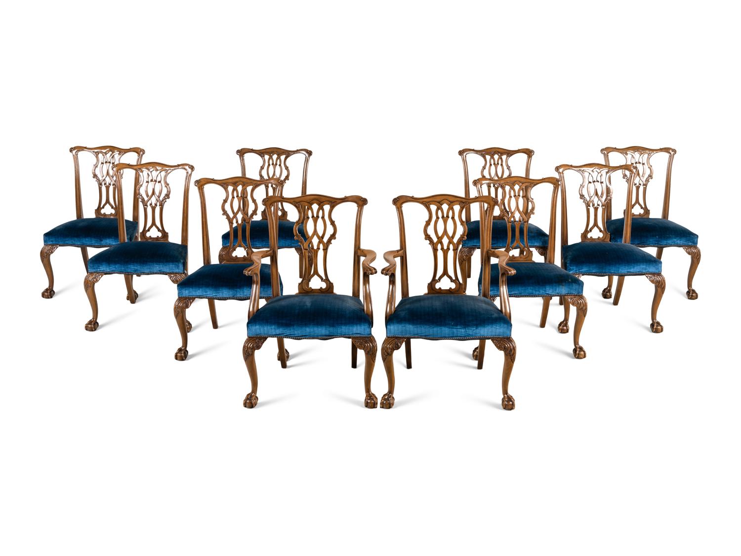 A Set of Ten George III Style Carved Mahogany Dining Chairs