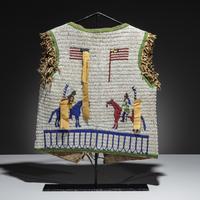 Sioux Beaded Buffalo Hide Pictorial Vest, American Flags and Warriors
