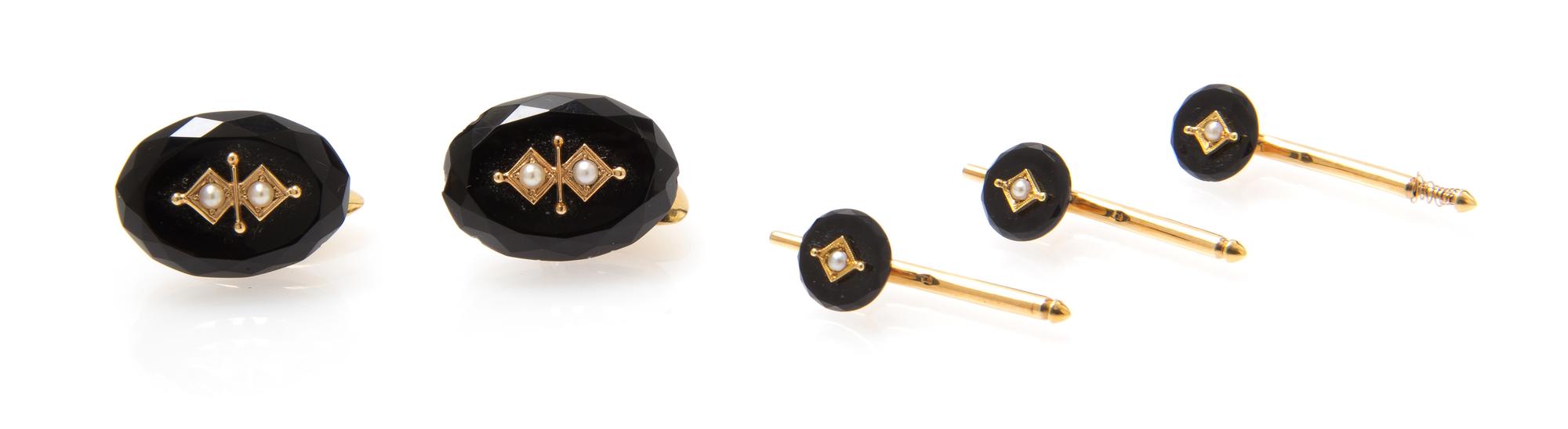 An Antique Yellow Gold, Onyx and Seed Pearl Dress Set, 10.40 dwts.