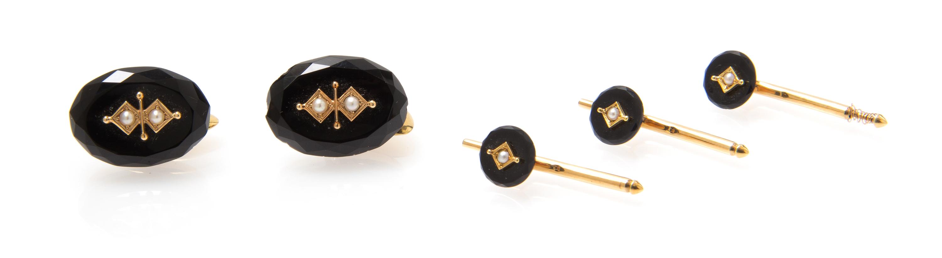 An Antique Yellow Gold, Onyx and Seed Pearl Dress Set, 10.40 dwts.
