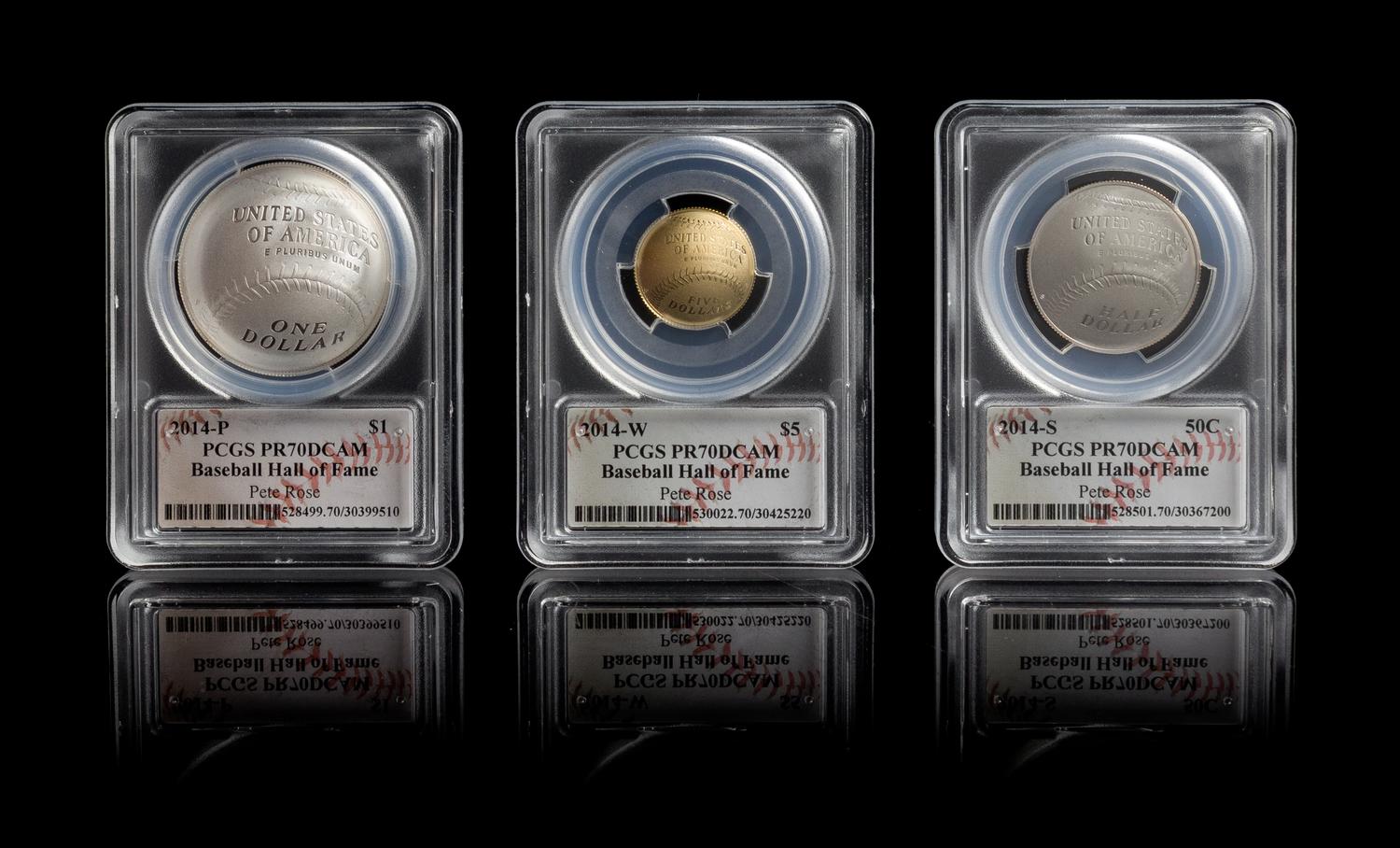 A Set of Three United States 2014 Baseball Hall of Fame Commemorative Coins With Pete Rose Autographed Case