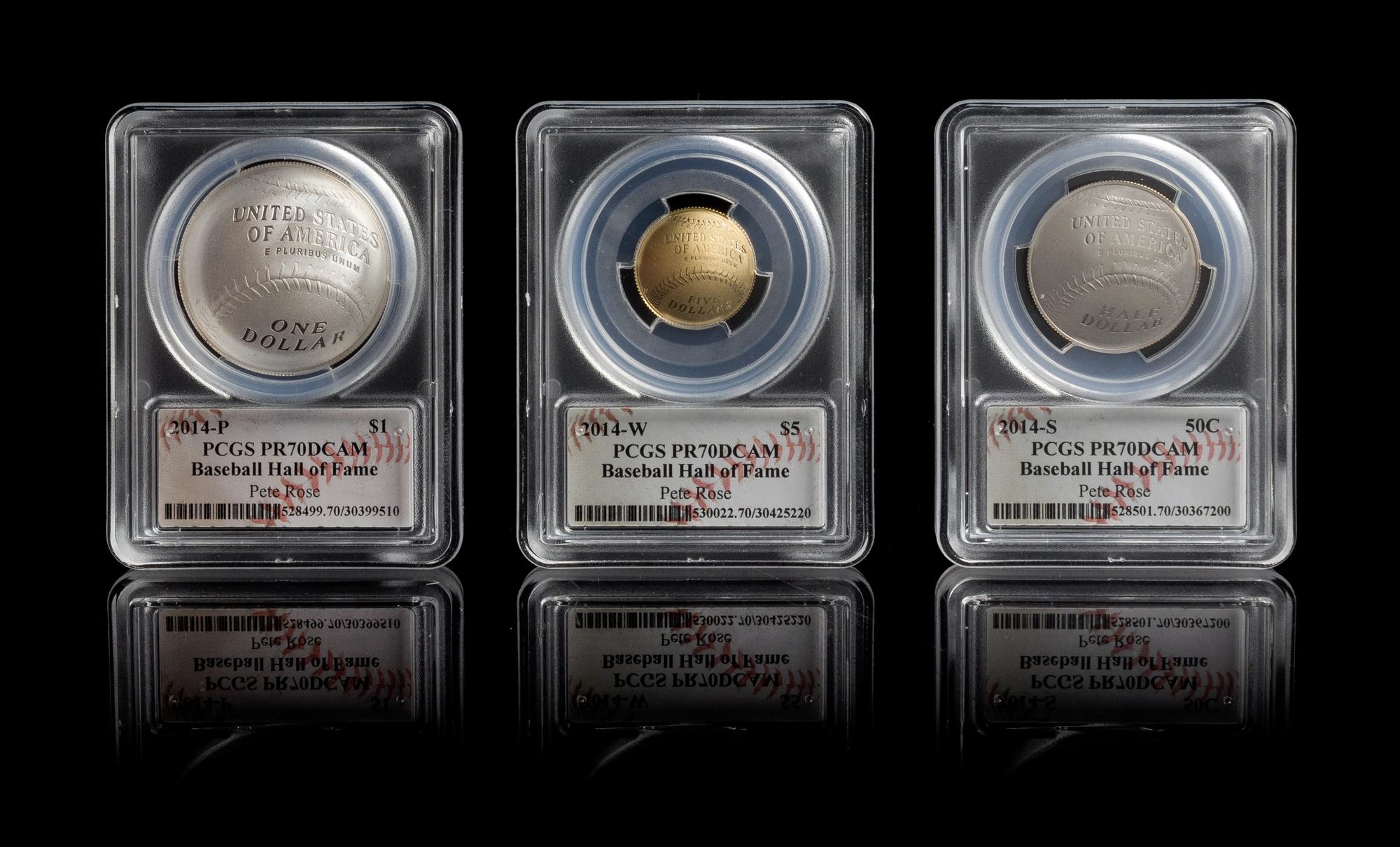 A Set of Three United States 2014 Baseball Hall of Fame Commemorative Coins With Pete Rose Autographed Case