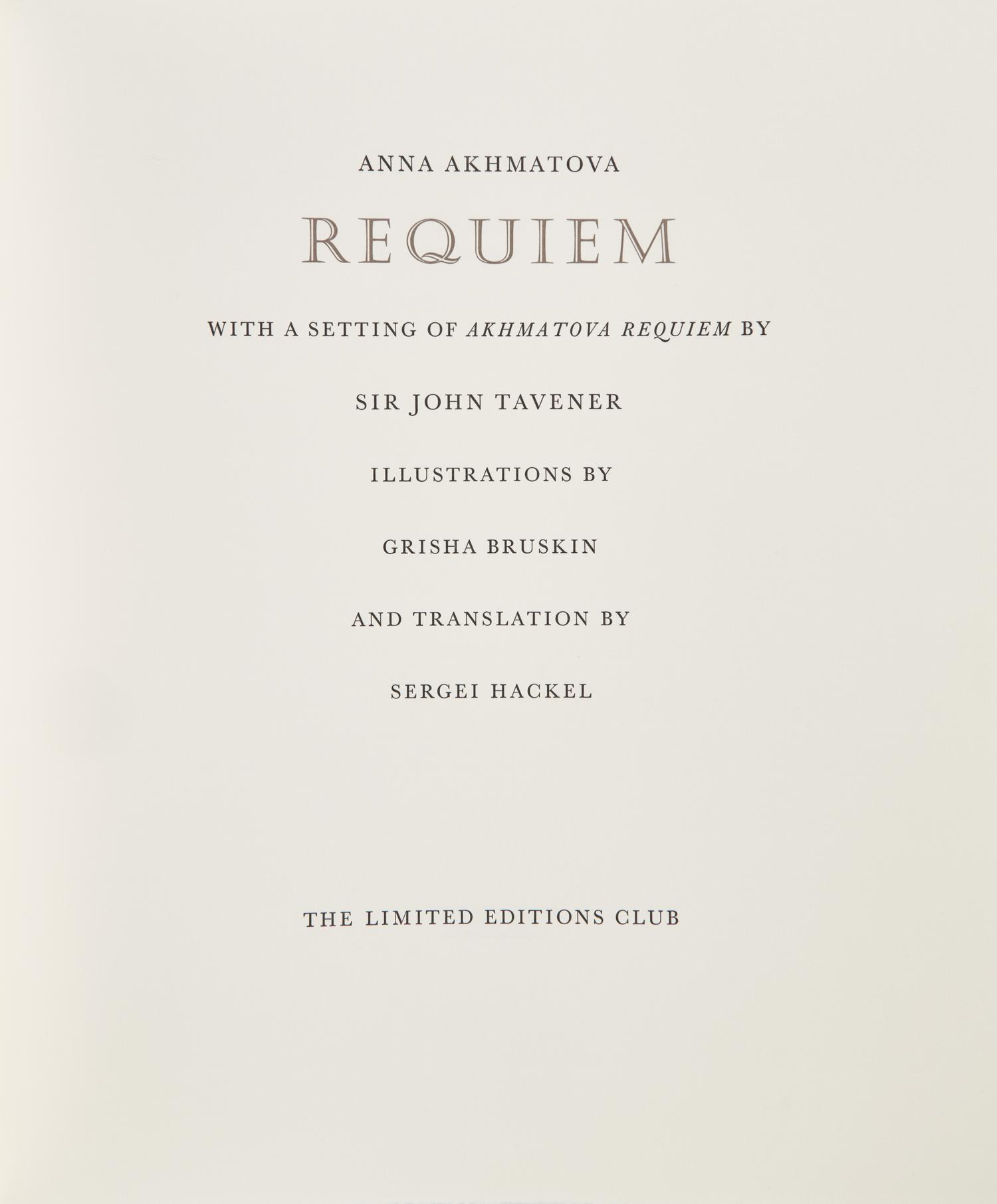 [LIMITED EDITIONS CLUB]. AKHMATOVA, Anna (1889-1966). Requiem. [New York:] The Limited Editions Club, [2000].