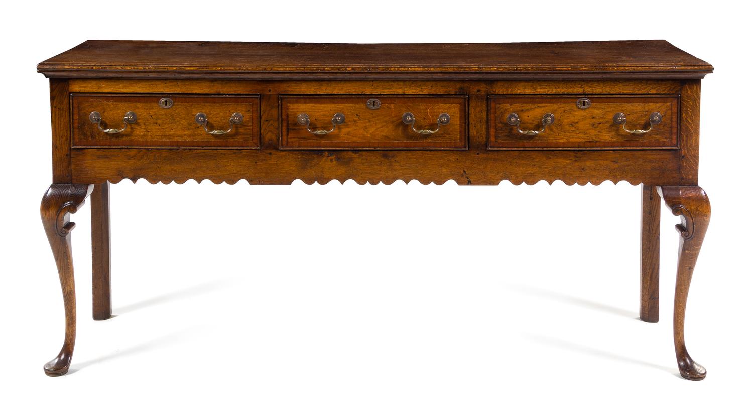 An English Oak Sideboard or Dresser Base Height 34 x width 71 1/2 x depth 19 3/4 inches. — 20TH CENTURY