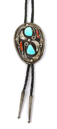 A Southwestern Silver, Turquoise and Coral Bolo Height 3 x 2 1/4 inches.