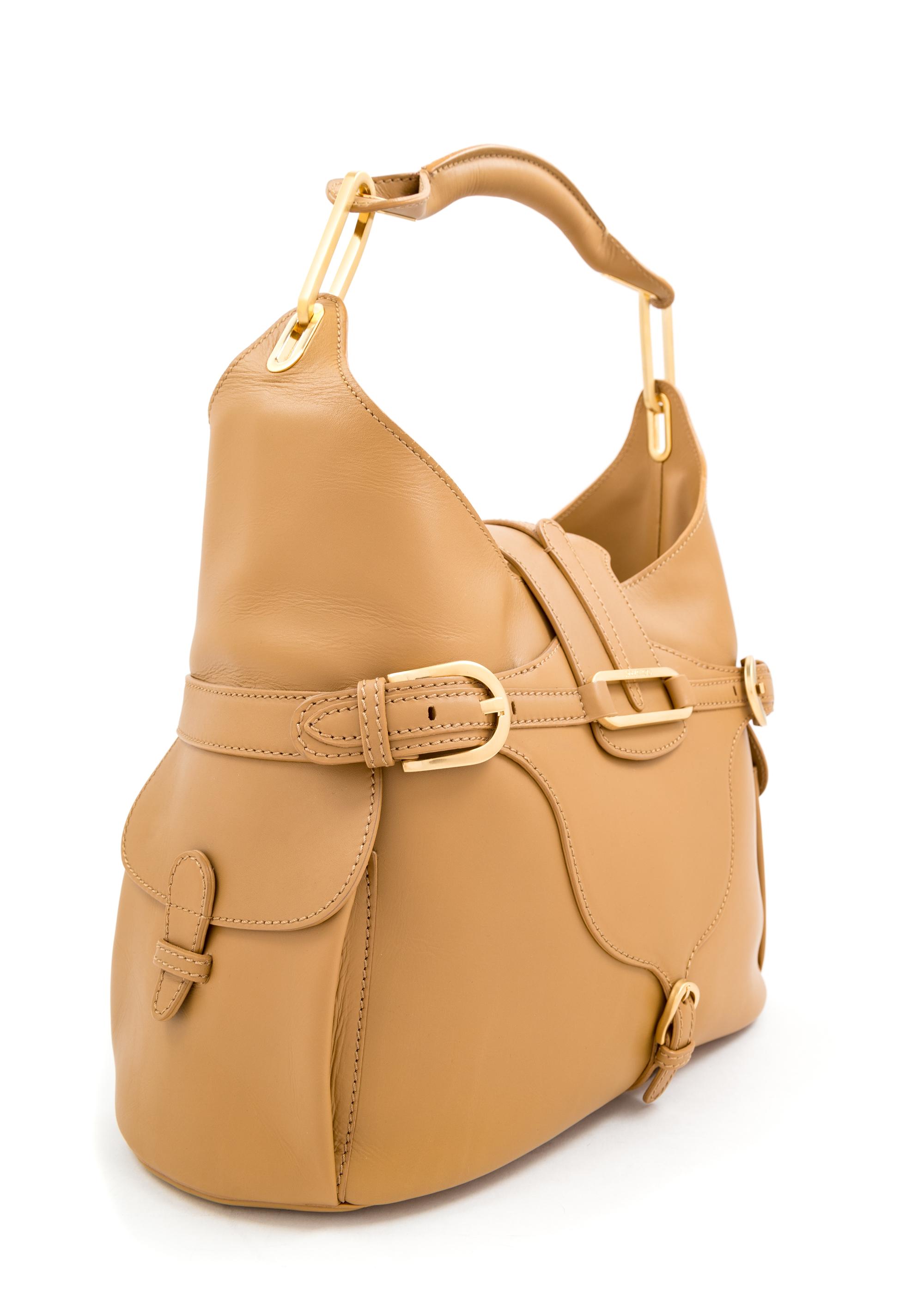 A Jimmy Choo Camel Leather Tulita Hobo Bag, 10.5" H x 14" W x 6" D; Handle drop: 7".