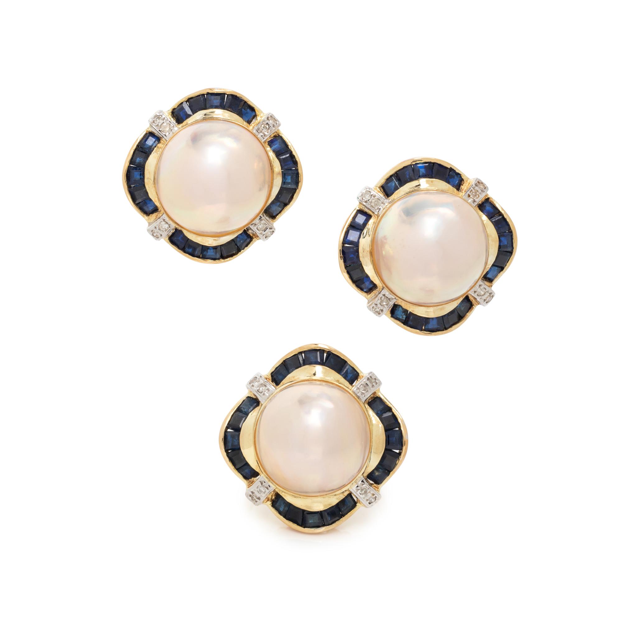 CULTURED MABE PEARL, SAPPHIRE AND DIAMOND SET