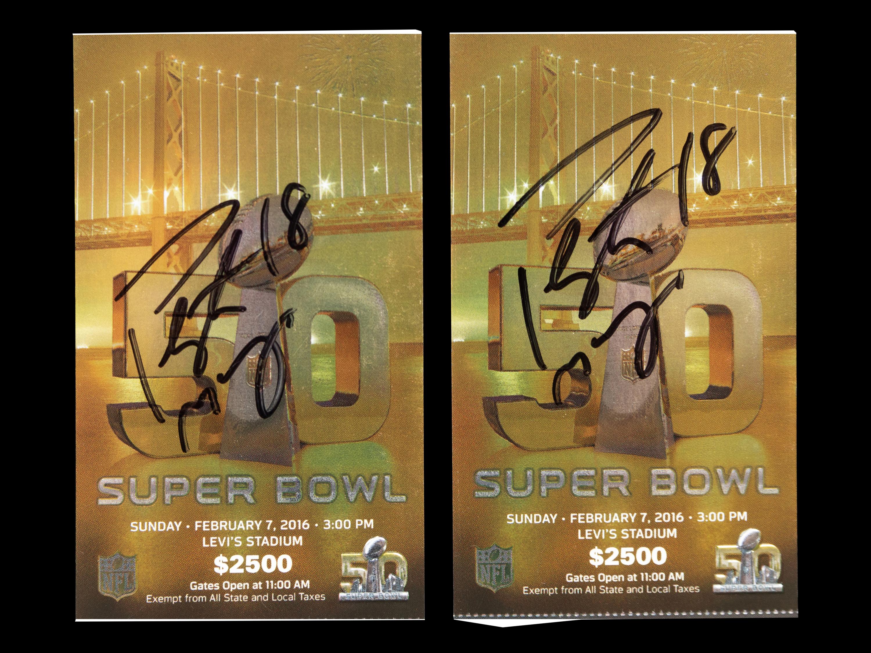 A Group of Two Peyton Manning Signed Autograph Super Bowl 50 Full Tickets,