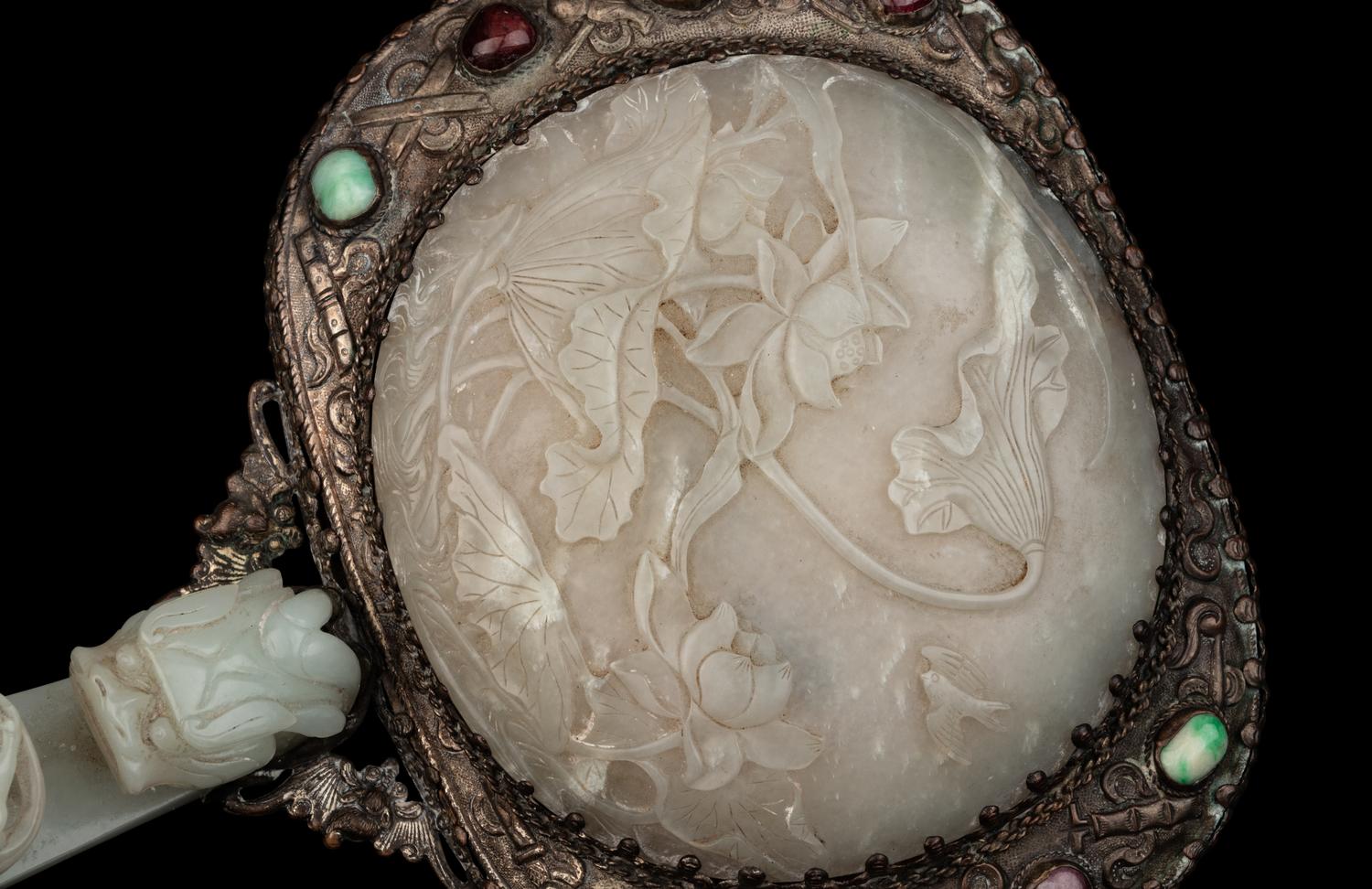 A Chinese Celadon and White Jade-Mounted Silver Hand Mirror