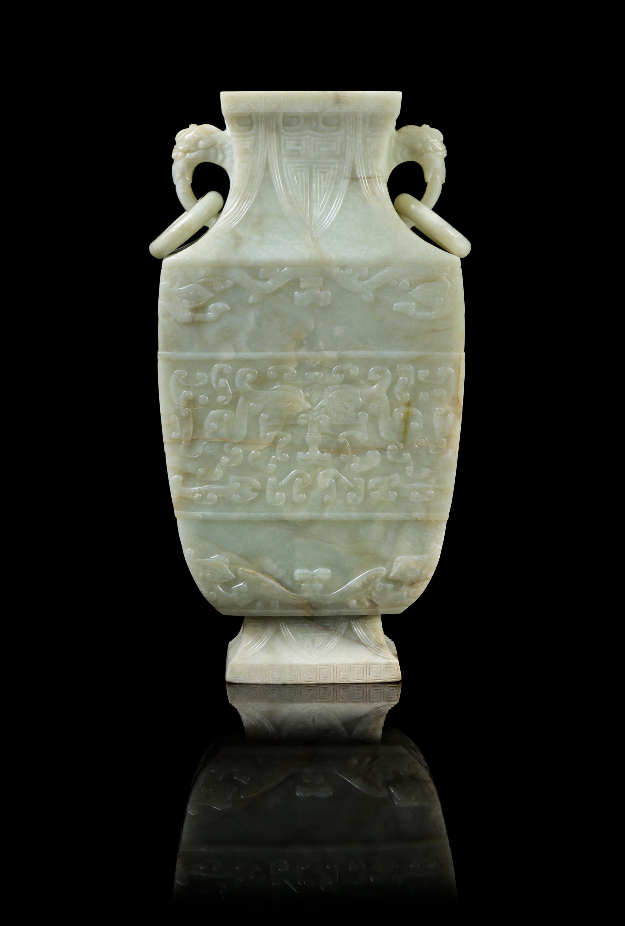 A Chinese Celadon Jade Archaistic Vase 18TH CENTURY Height 10 3/8 inches. — 18TH CENTURY