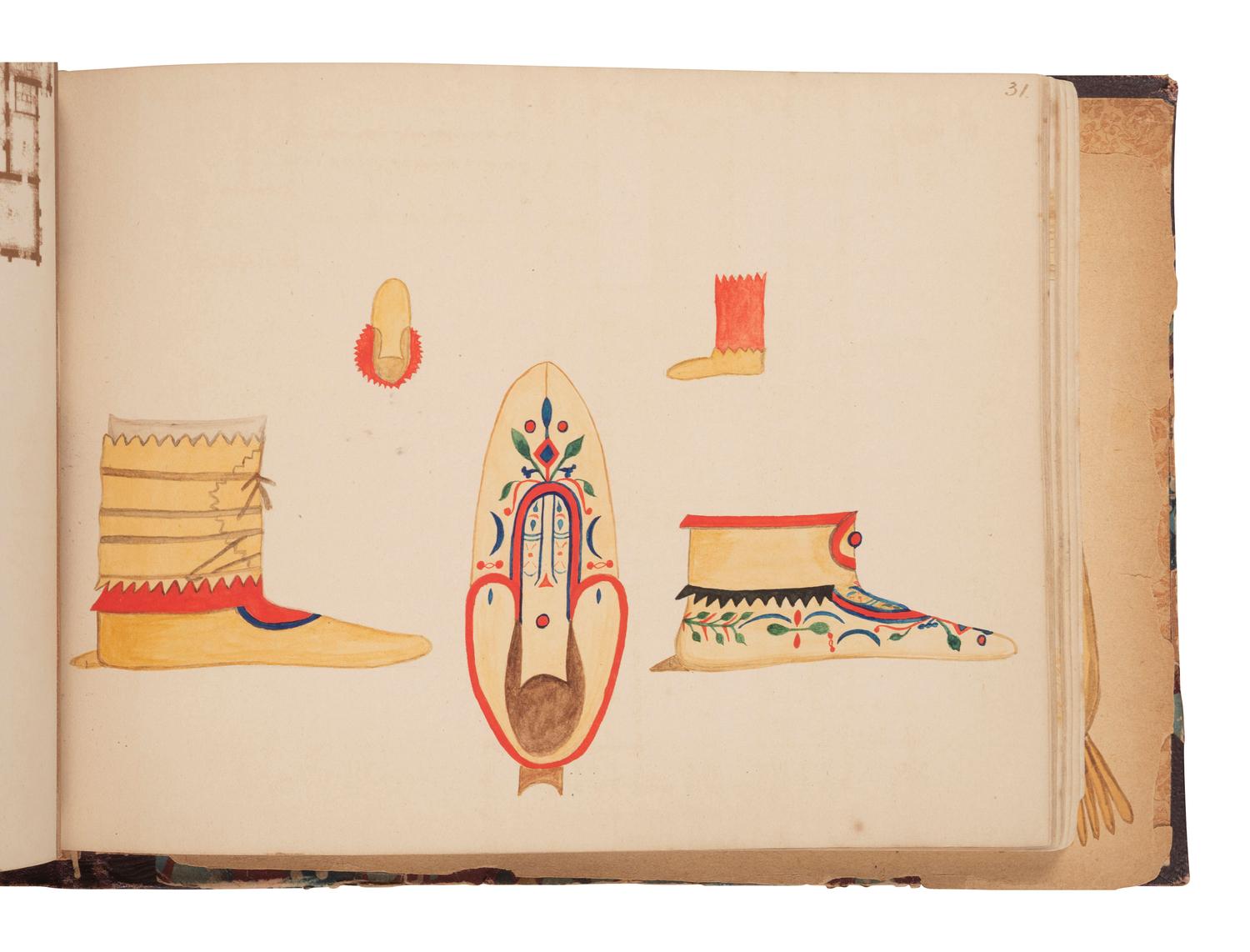 [NATIVE AMERICAN] -- [GOLD RUSH]. An album of watercolor drawings by prospector George V. Storkey (ca 1867-1942) depicting British Columbian Indigenous objects, likely related to the Nlaka’pamux, ca late 1890s-early 1900s.