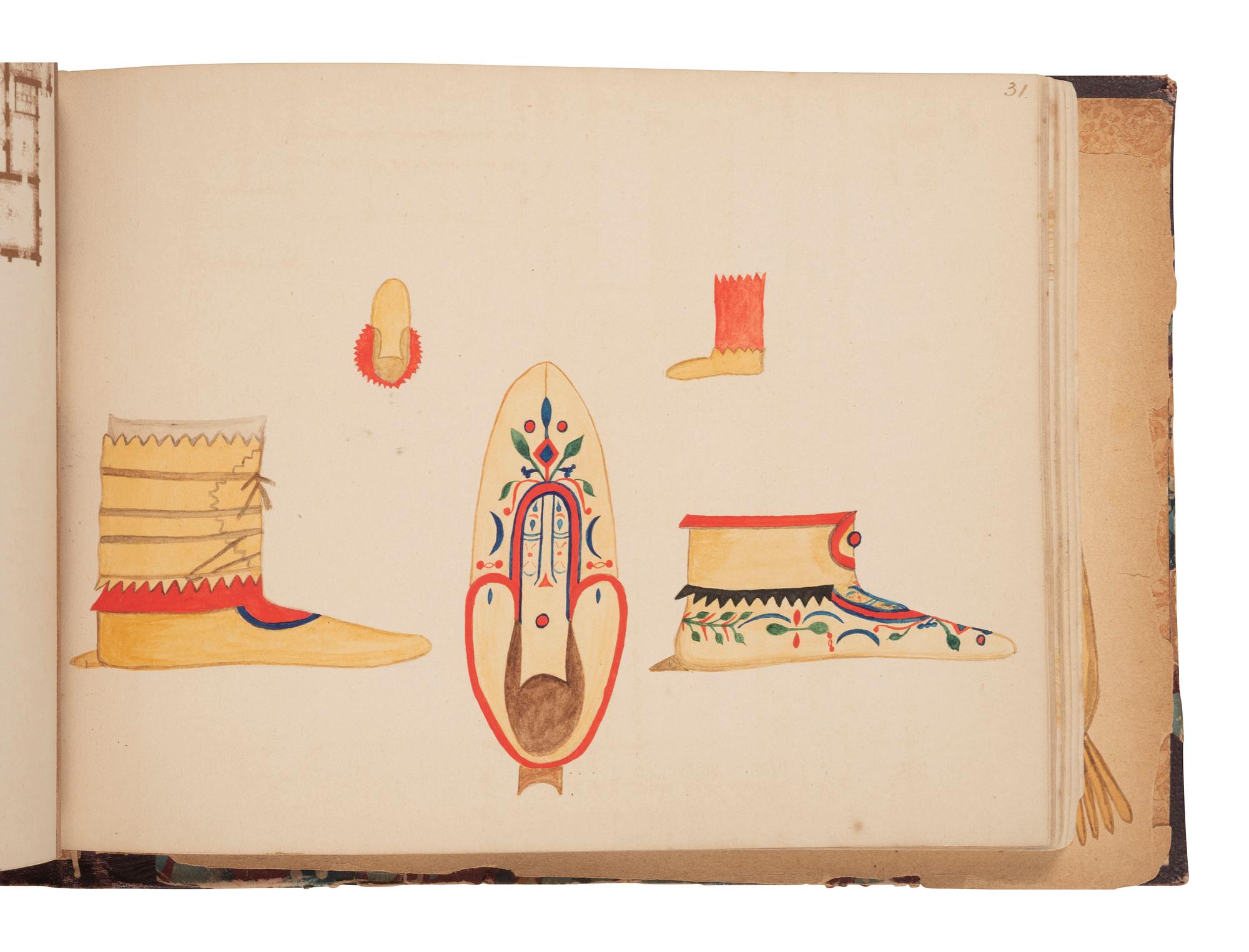 [NATIVE AMERICAN] -- [GOLD RUSH]. An album of watercolor drawings by prospector George V. Storkey (ca 1867-1942) depicting British Columbian Indigenous objects, likely related to the Nlaka’pamux, ca late 1890s-early 1900s.