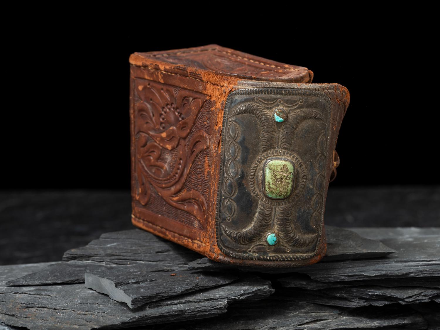 Western Tooled Leather Box, with Navajo Silver and Turquoise Concha