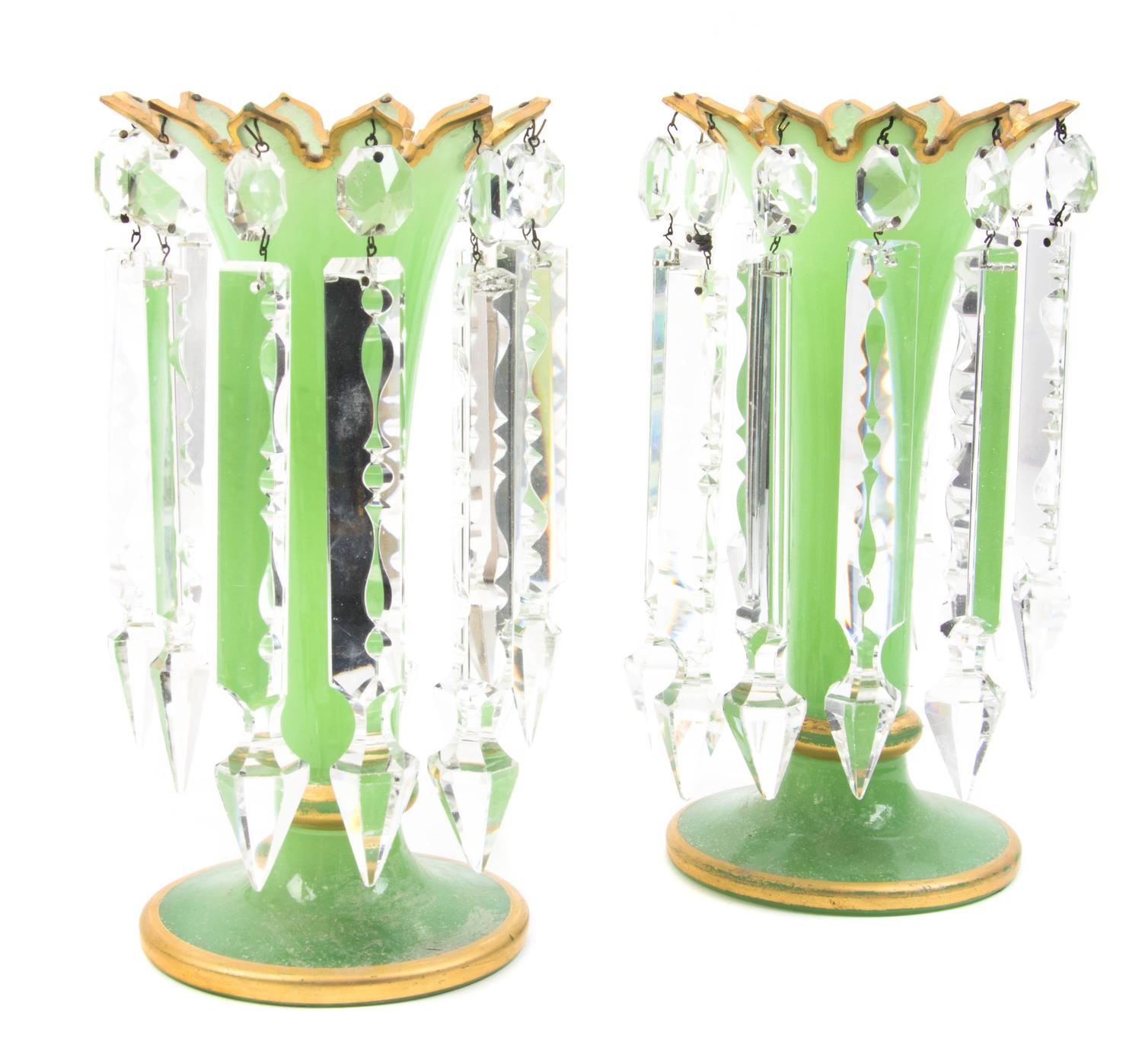 A Pair of Bohemian Green Glass Vases, Height 11 1/2 inches.