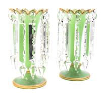 A Pair of Bohemian Green Glass Vases, Height 11 1/2 inches.
