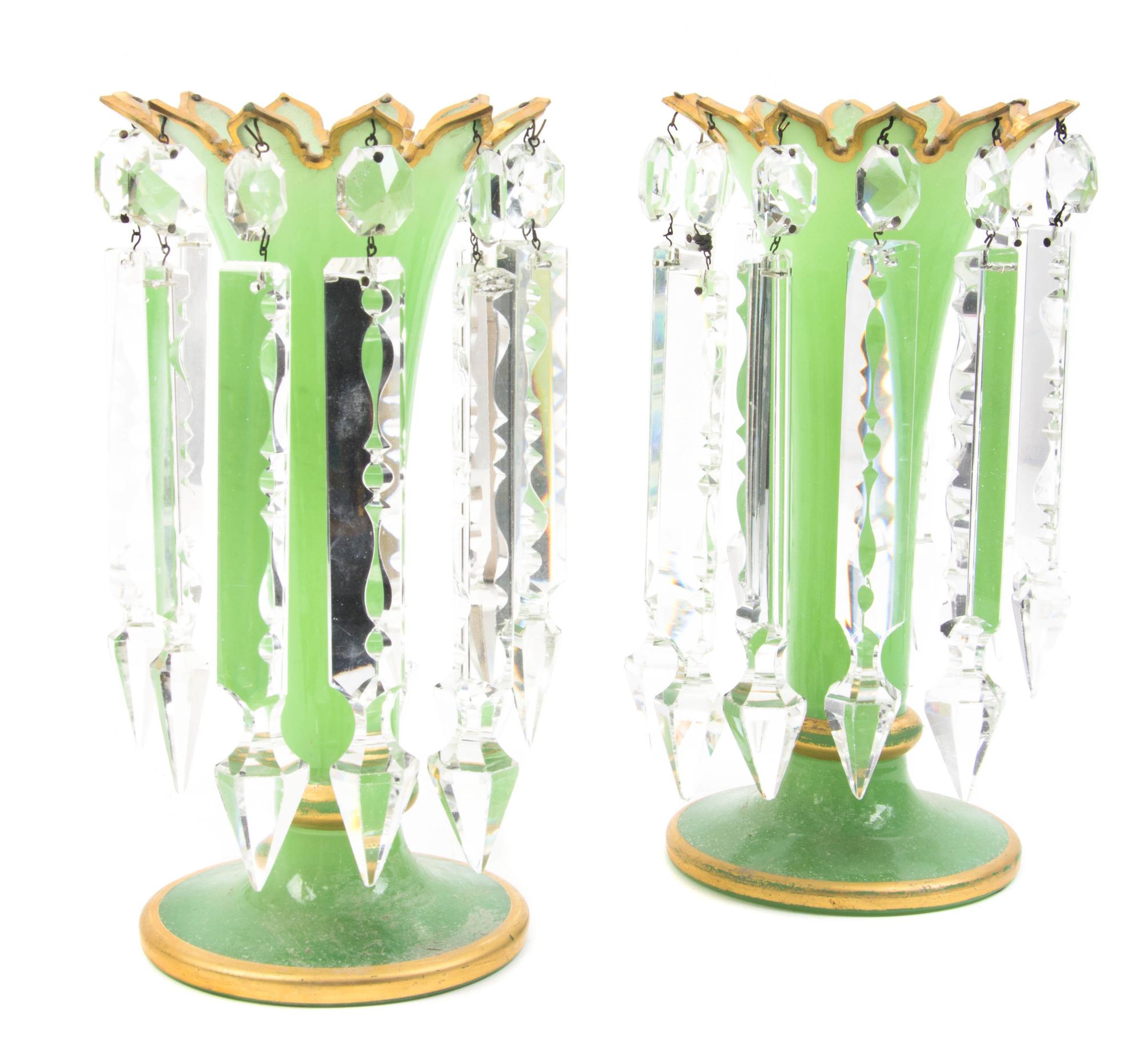 A Pair of Bohemian Green Glass Vases, Height 11 1/2 inches.