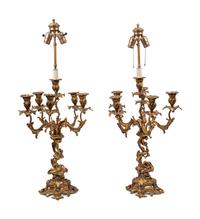 A Pair of Louis XV Style Gilt Bronze Six-Light Candelabra Mounted as Lamps