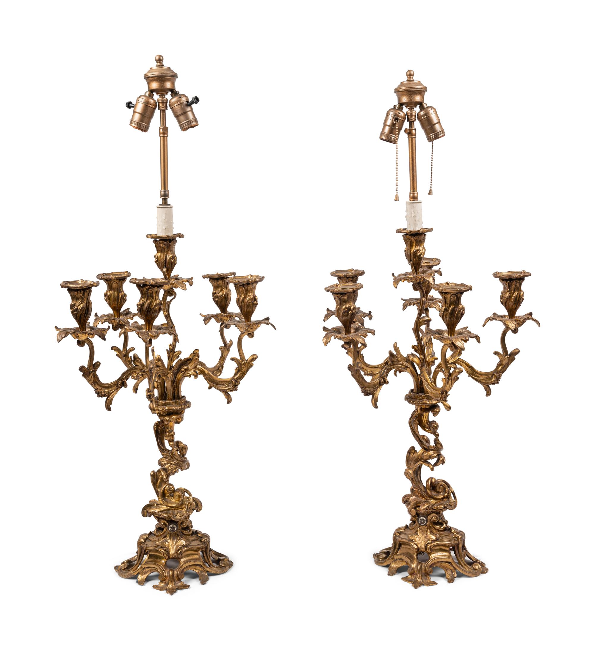 A Pair of Louis XV Style Gilt Bronze Six-Light Candelabra Mounted as Lamps