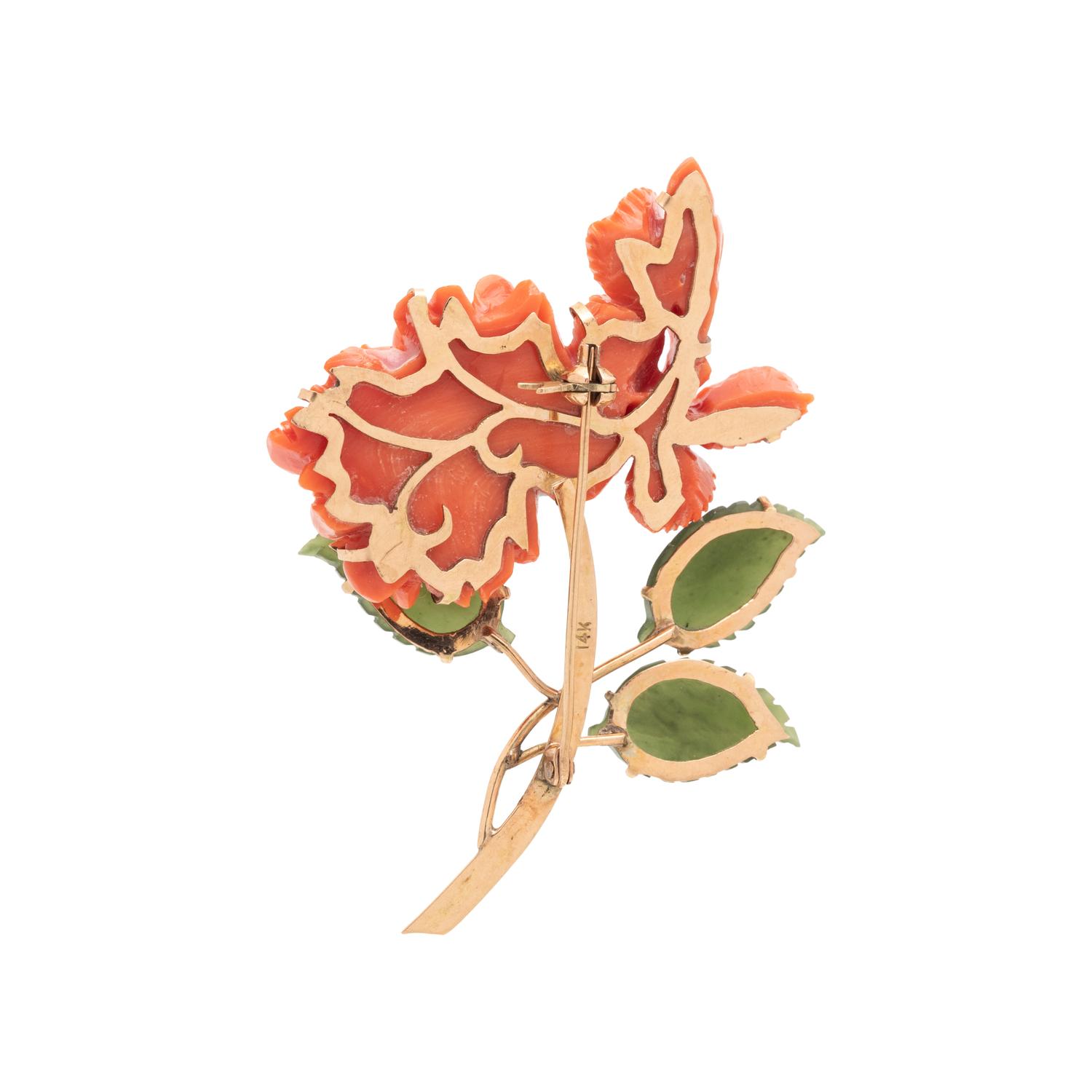CORAL AND NEPHRITE FLOWER BROOCH
