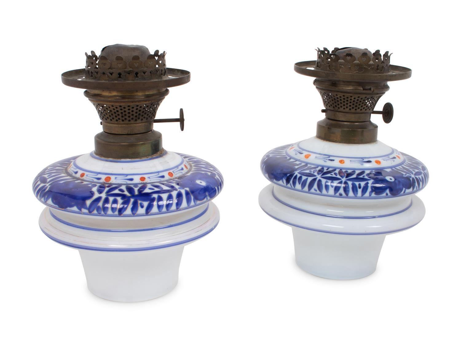 A Pair of Persian Market Opaline Glass Oil Lamps