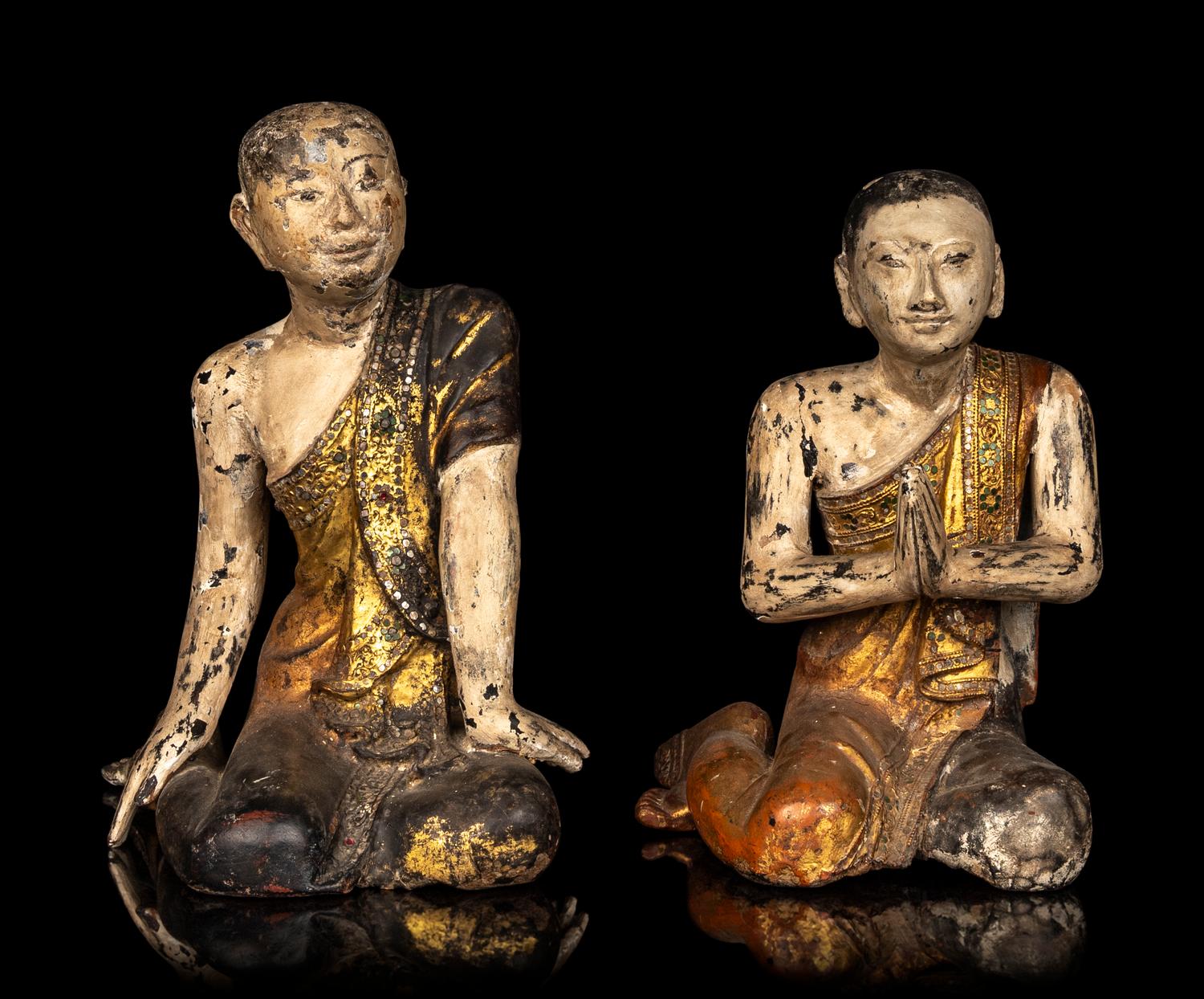 Two Pairs of Burmese Figures of Kneeling Monks