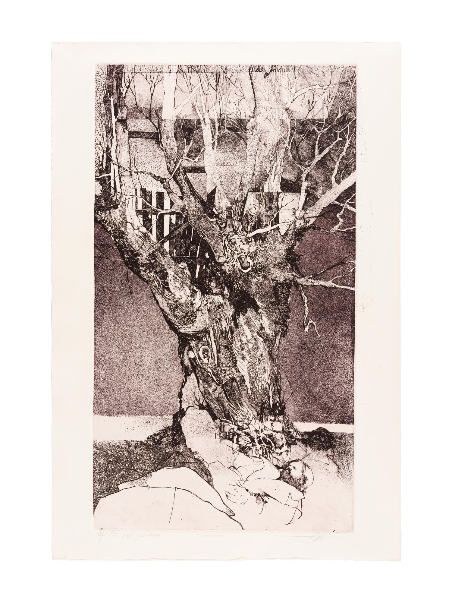 BARRY, Moser. Treehouse. [printed ca 1994]. 615 x 413 mm. Second printing. Etching printed in sepia ink. Captioned and signed, designated artist’s proof (“ap I/II 2nd printing”).