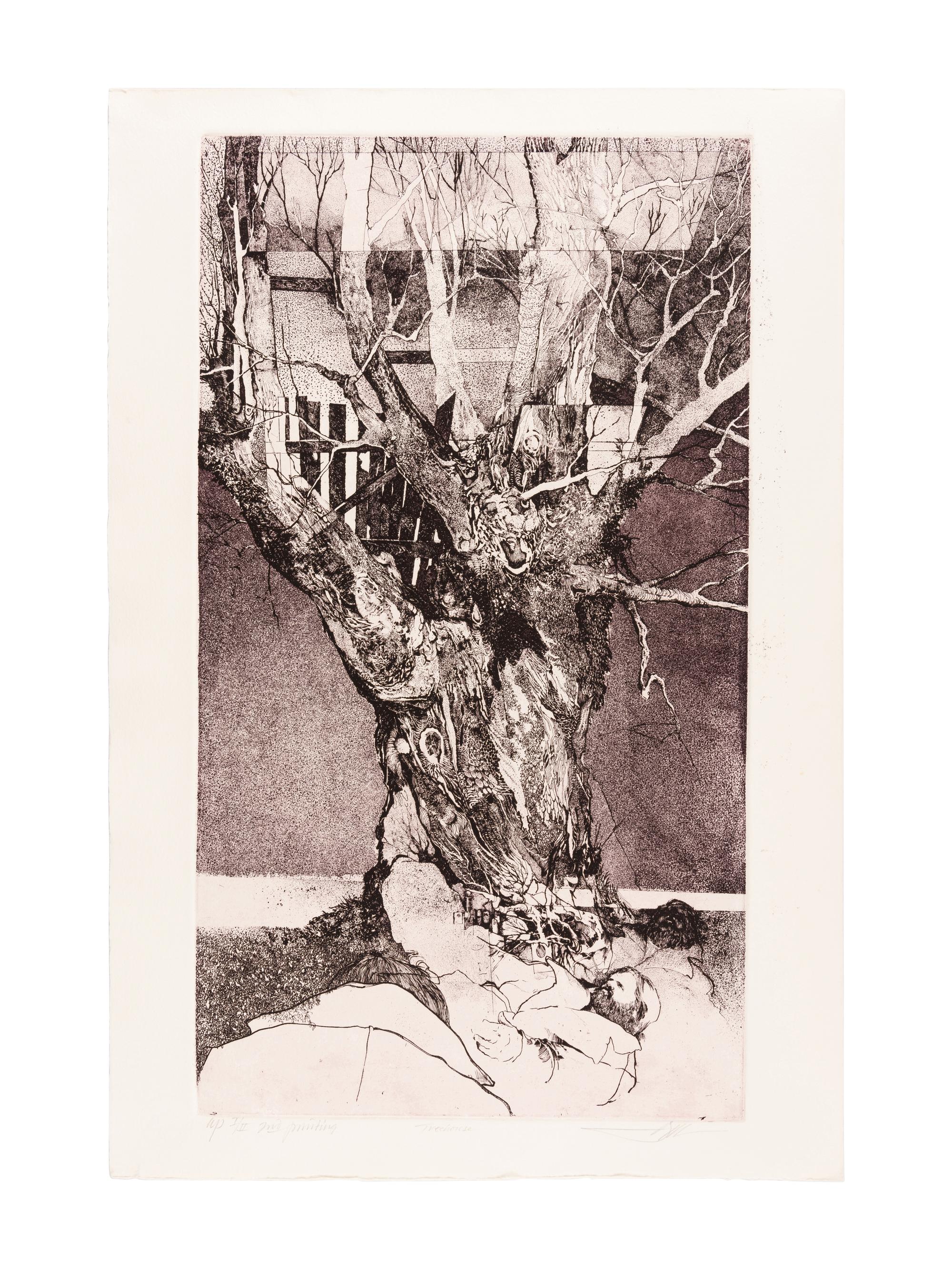 BARRY, Moser. Treehouse. [printed ca 1994]. 615 x 413 mm. Second printing. Etching printed in sepia ink. Captioned and signed, designated artist’s proof (“ap I/II 2nd printing”).