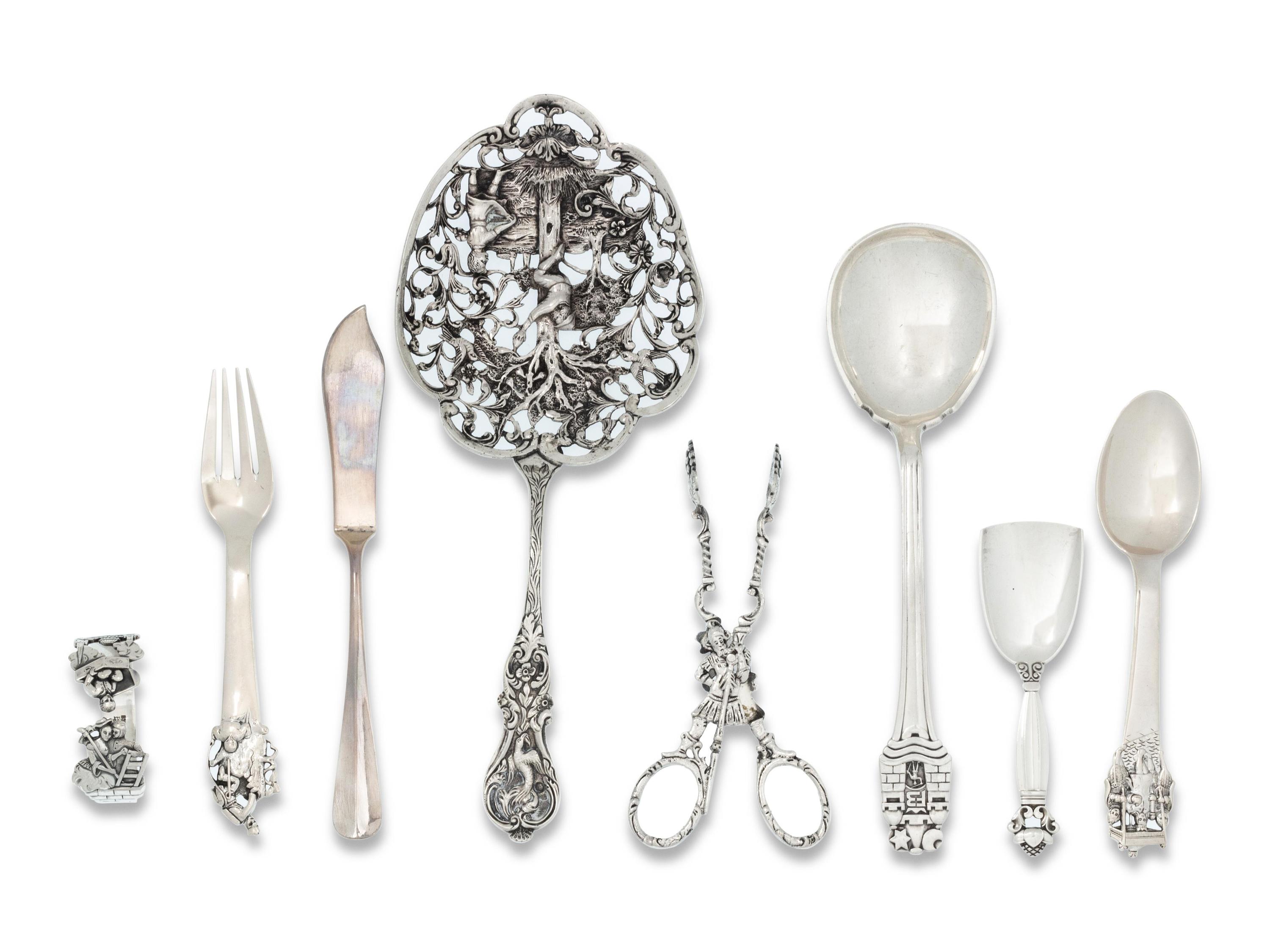 A Group of Eight Continental Silver Flatware Articles