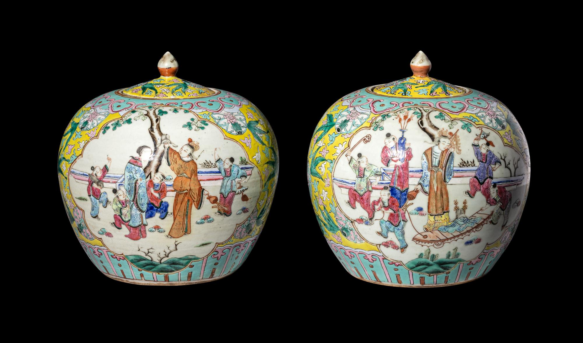 A Pair of Chinese Yellow Ground Famille Rose Porcelain Covered Jar