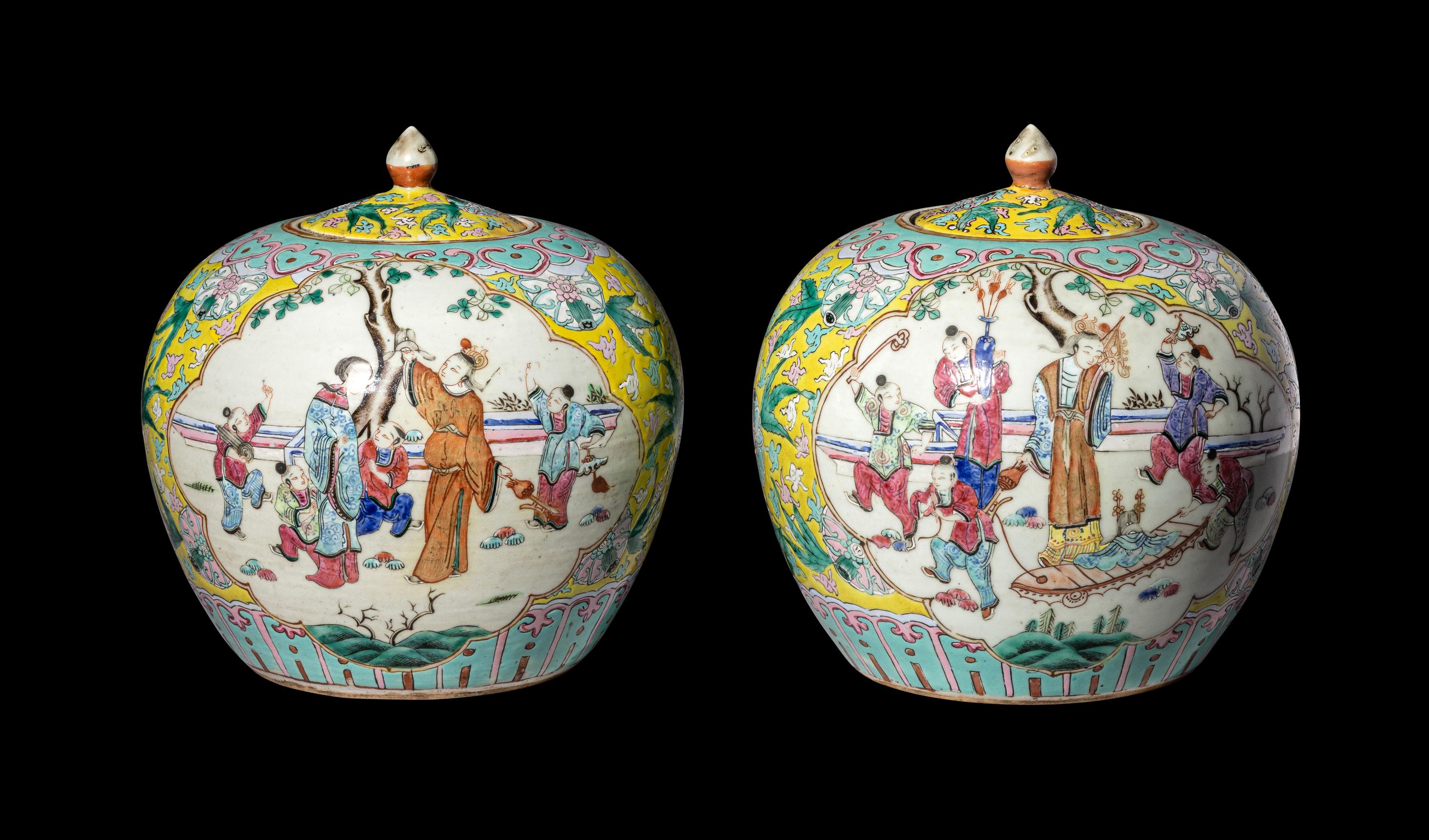 A Pair of Chinese Yellow Ground Famille Rose Porcelain Covered Jar