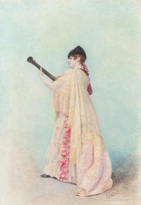 Jehan Georges Vibert, (French, 1840-1902), Woman in Spanish Costume Playing Mandolin