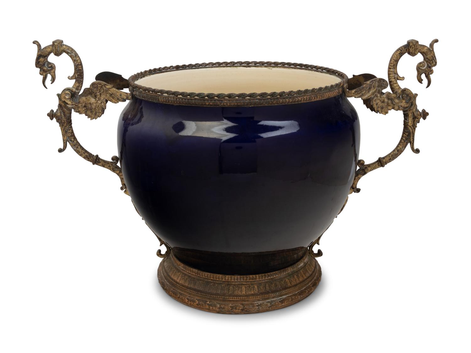 A French Gilt Metal Mounted Cobalt Glazed Pottery Jardinière